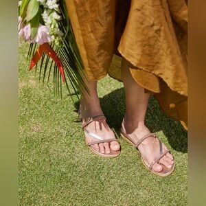 Women's Metallic Rose Gold Strappy Flat Sandals